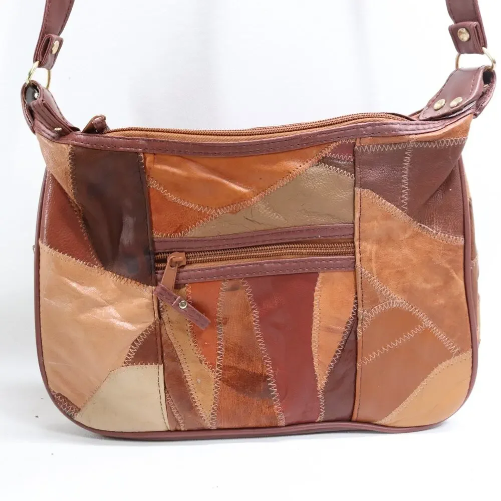 Vtg Patch Leather Crossbody Handbag Women M Brown Tone Colorblock Purse Bag